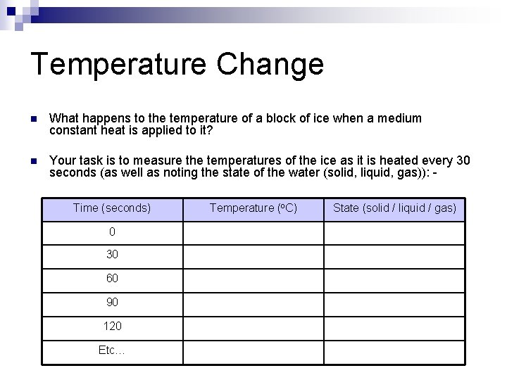 Temperature Change n What happens to the temperature of a block of ice when