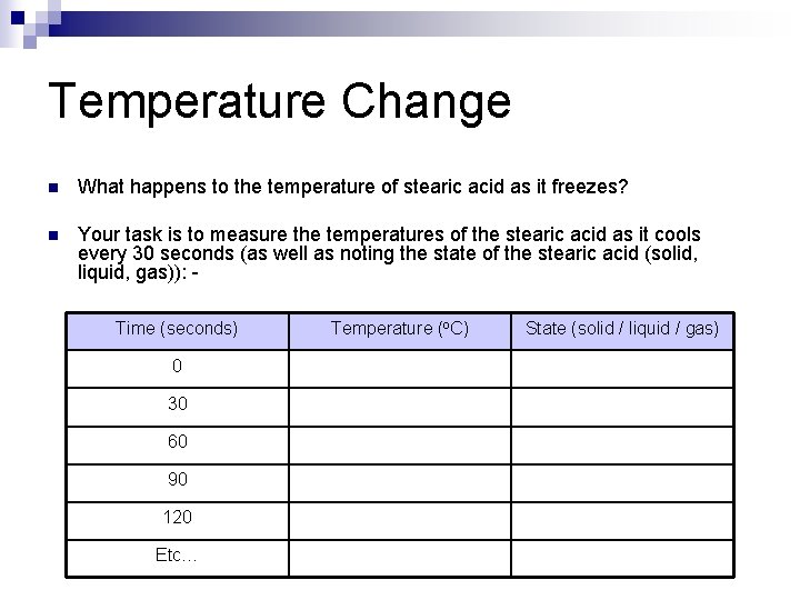 Temperature Change n What happens to the temperature of stearic acid as it freezes?
