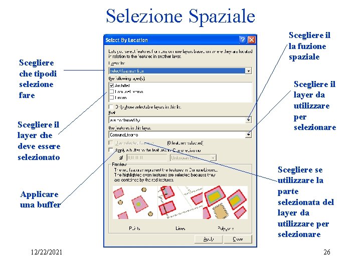 Selezione Spaziale Scegliere che tipodi selezione fare Scegliere il layer che deve essere selezionato