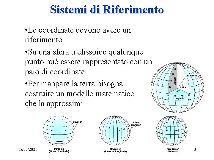 Sistemi di Riferimento • Le coordinate devono avere un riferimento • Su una sfera
