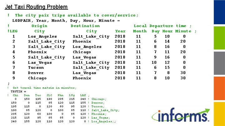 Jet Taxi Routing Problem ! The city pair trips available to cover/service; LODPAIR, Year,
