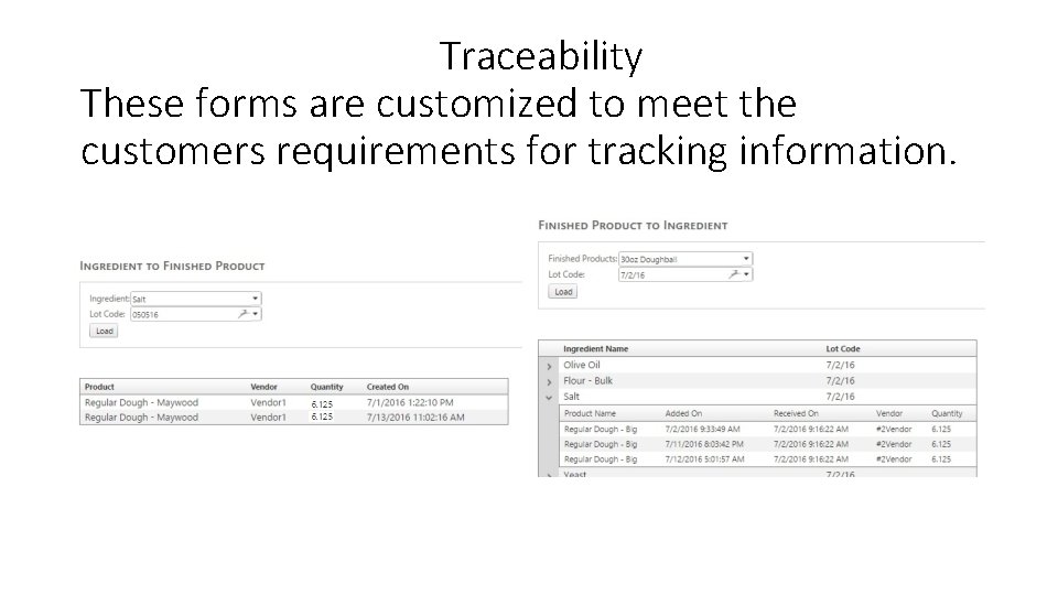 Traceability These forms are customized to meet the customers requirements for tracking information. 
