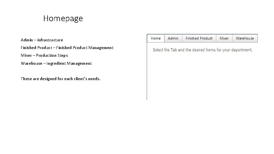 Homepage Admin – infrastructure Finished Product – Finished Product Management Mixer – Production Steps