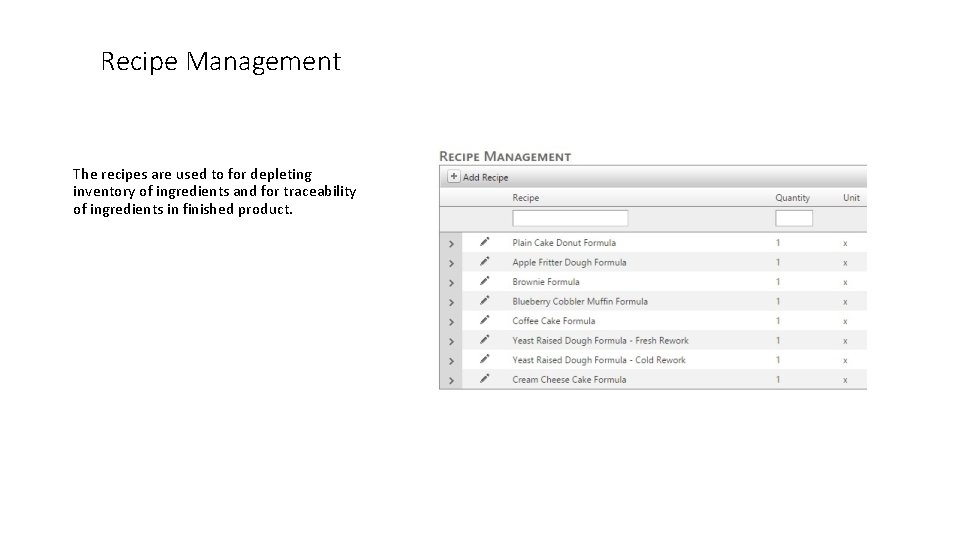 Recipe Management The recipes are used to for depleting inventory of ingredients and for