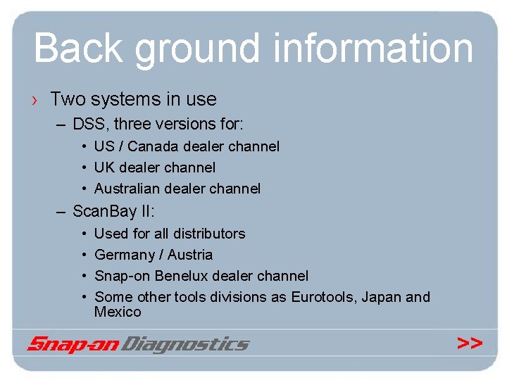 Back ground information › Two systems in use – DSS, three versions for: •