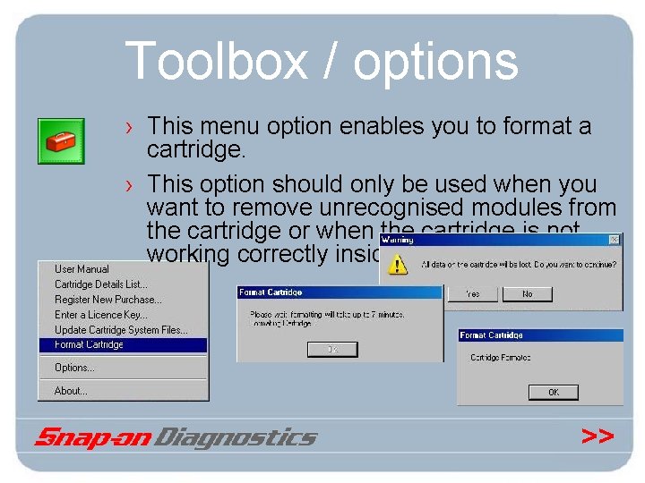 Toolbox / options › This menu option enables you to format a cartridge. ›