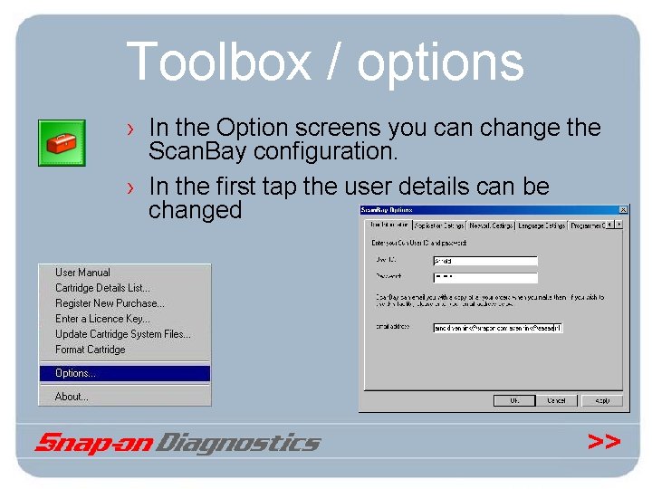 Toolbox / options › In the Option screens you can change the Scan. Bay