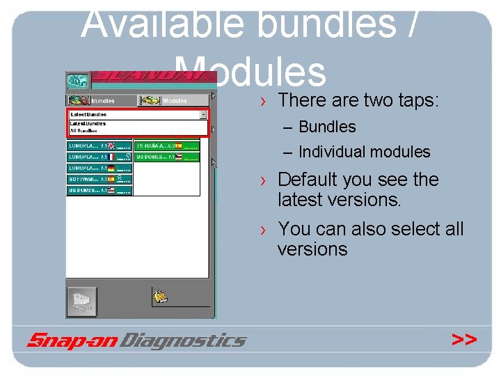 Available bundles / Modules › There are two taps: – Bundles – Individual modules
