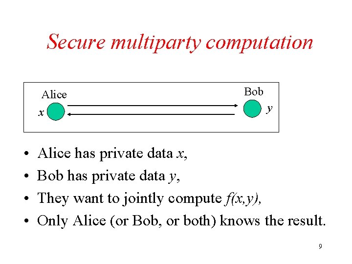 Secure multiparty computation Alice x • • Bob y Alice has private data x,