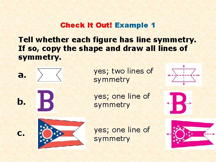 Check It Out! Example 1 Tell whether each figure has line symmetry. If so,