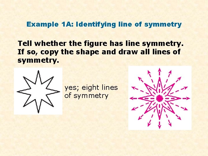 Example 1 A: Identifying line of symmetry Tell whether the figure has line symmetry.