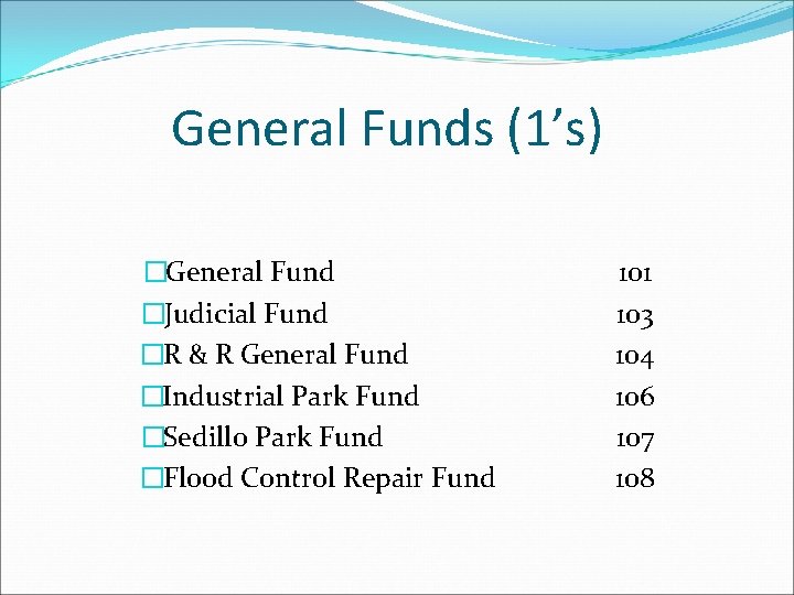 General Funds (1’s) �General Fund �Judicial Fund �R & R General Fund �Industrial Park