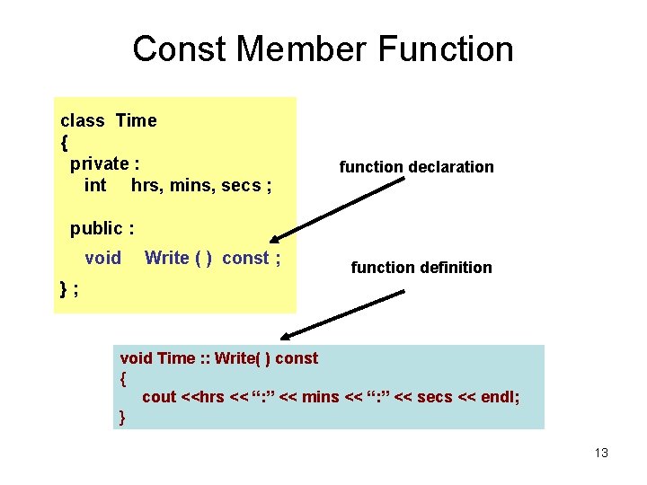 Const Member Function class Time { private : int hrs, mins, secs ; function