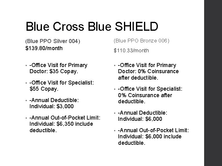 Blue Cross Blue SHIELD (Blue PPO Silver 004) $139. 80/month • -Office Visit for