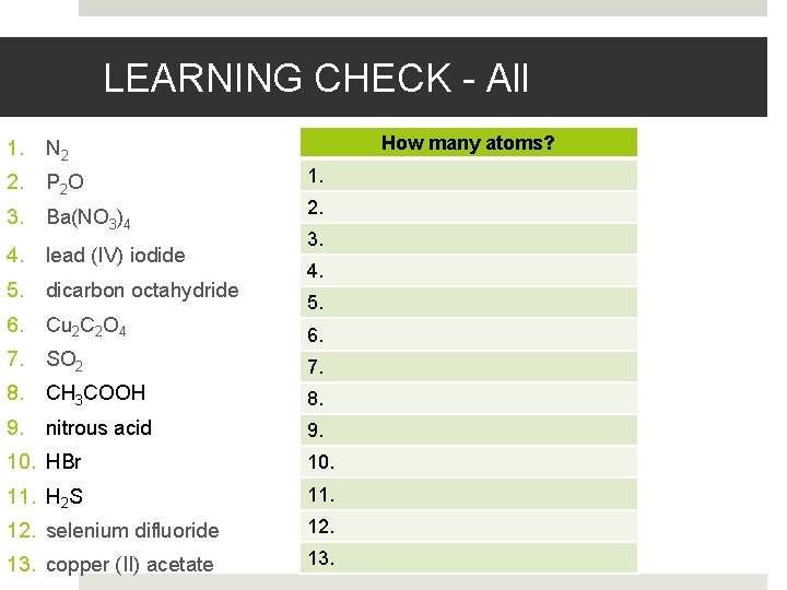 LEARNING CHECK - All How many atoms? 1. N 2 2. P 2 O