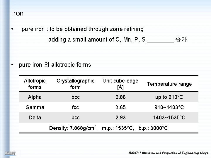 Iron • pure iron : to be obtained through zone refining adding a small