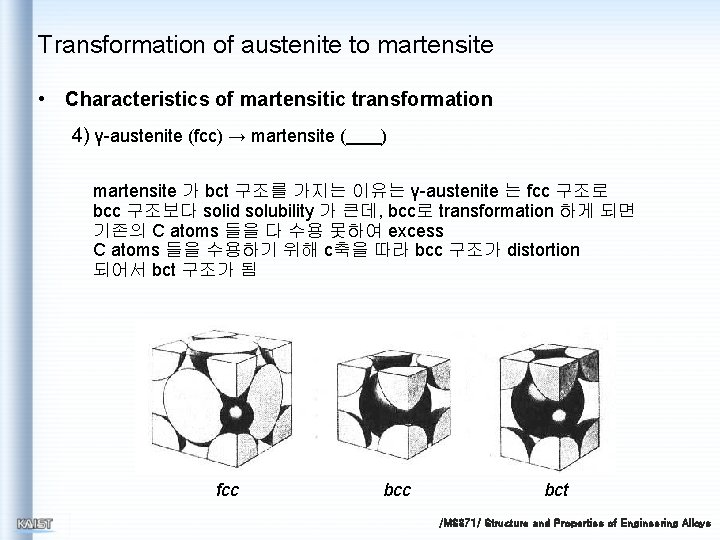 Transformation of austenite to martensite • Characteristics of martensitic transformation 4) γ-austenite (fcc) →