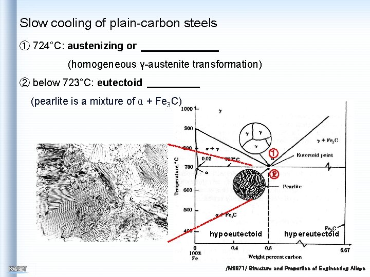 Slow cooling of plain-carbon steels ① 724°C: austenizing or (homogeneous γ-austenite transformation) ② below