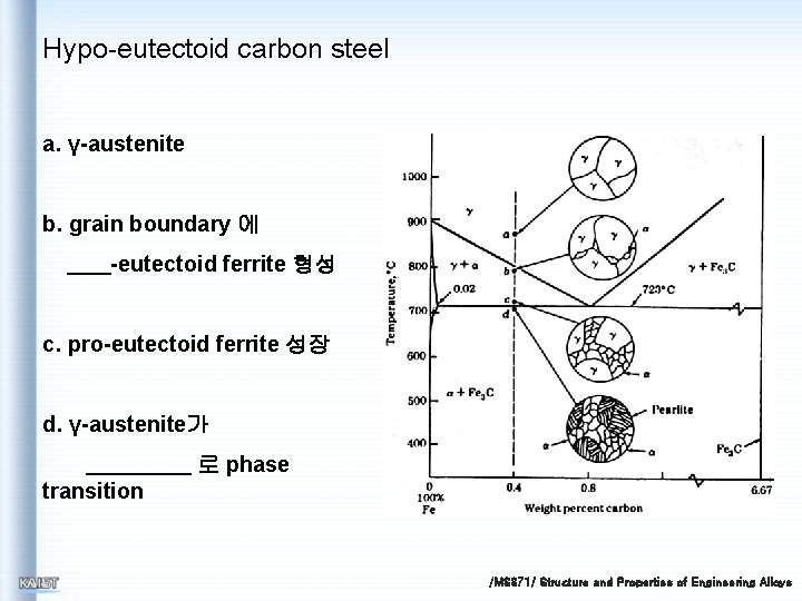 Hypo-eutectoid carbon steel a. γ-austenite b. grain boundary 에 -eutectoid ferrite 형성 c. pro-eutectoid