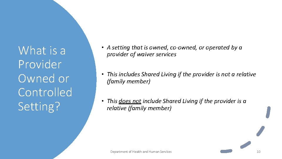 What is a Provider Owned or Controlled Setting? • A setting that is owned,