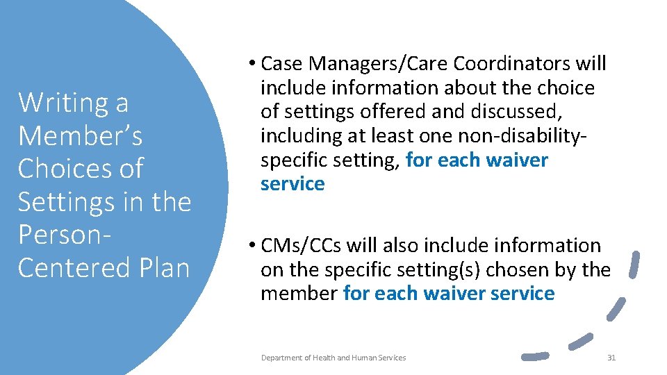 Writing a Member’s Choices of Settings in the Person. Centered Plan • Case Managers/Care