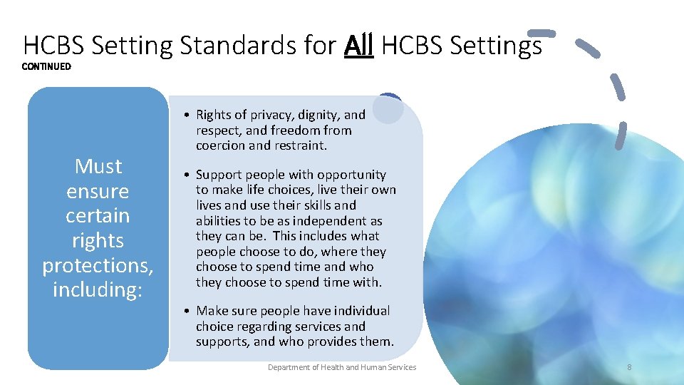 HCBS Setting Standards for All HCBS Settings CONTINUED Must ensure certain rights protections, including: