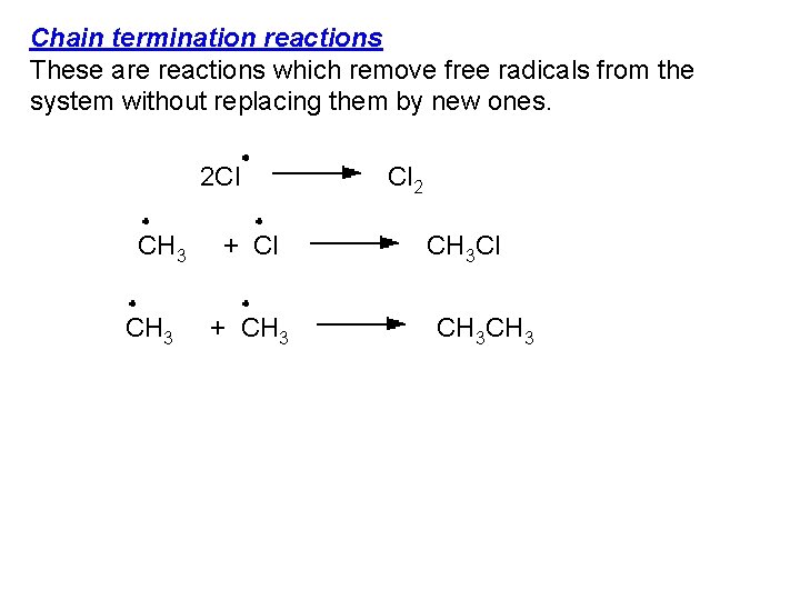 Chain termination reactions These are reactions which remove free radicals from the system without