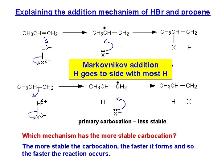 Explaining the addition mechanism of HBr and propene secondary carbocation – more stable Markovnikov