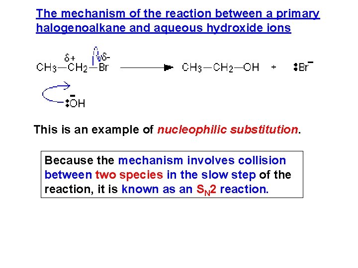 The mechanism of the reaction between a primary halogenoalkane and aqueous hydroxide ions This