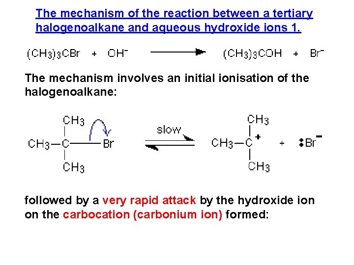 The mechanism of the reaction between a tertiary halogenoalkane and aqueous hydroxide ions 1.