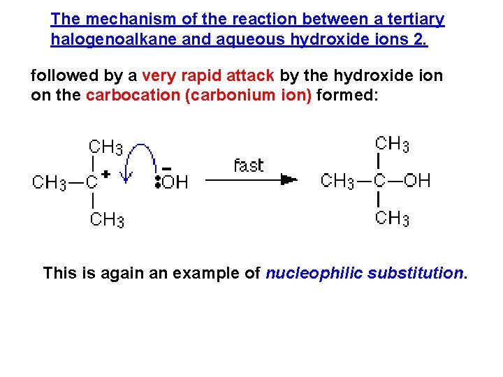 The mechanism of the reaction between a tertiary halogenoalkane and aqueous hydroxide ions 2.