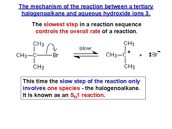 The mechanism of the reaction between a tertiary halogenoalkane and aqueous hydroxide ions 3.