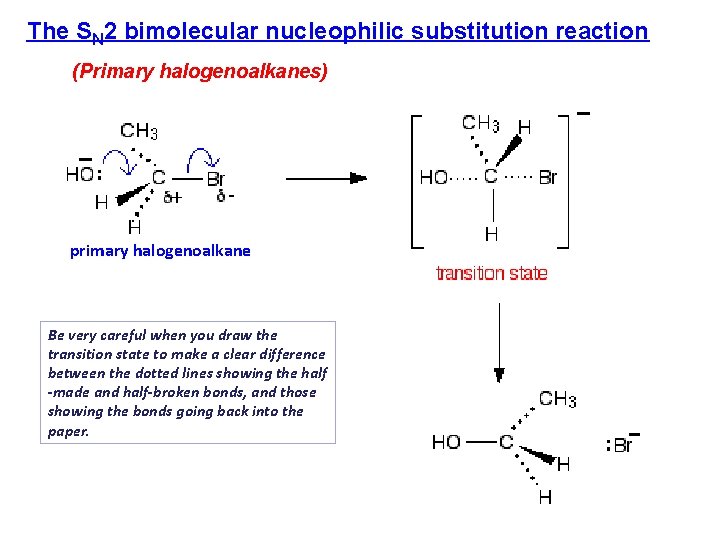 The SN 2 bimolecular nucleophilic substitution reaction (Primary halogenoalkanes) primary halogenoalkane Be very careful
