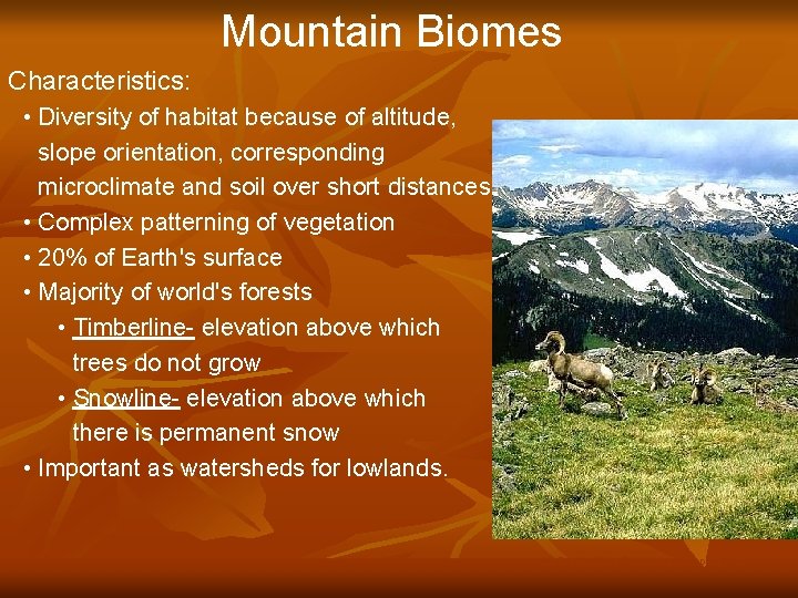 Mountain Biomes Characteristics: • Diversity of habitat because of altitude, slope orientation, corresponding microclimate
