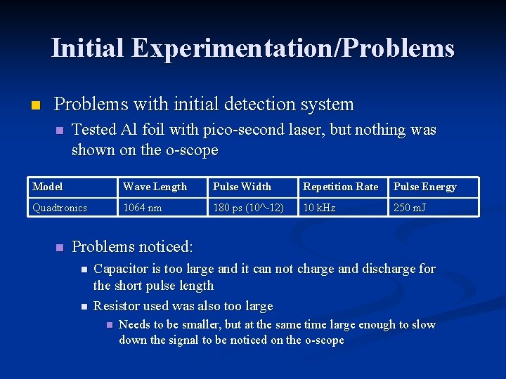Initial Experimentation/Problems n Problems with initial detection system n Tested Al foil with pico-second