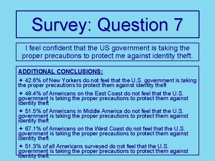 Survey: Question 7 I feel confident that the US government is taking the proper