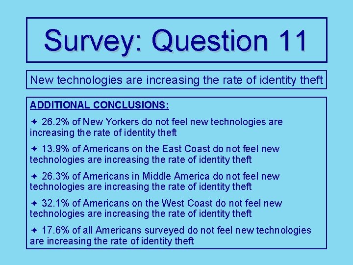 Survey: Question 11 New technologies are increasing the rate of identity theft ADDITIONAL CONCLUSIONS: