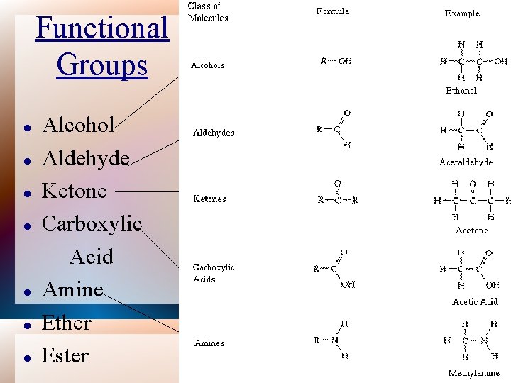 Functional Groups Alcohol Aldehyde Ketone Carboxylic Acid Amine Ether Ester 