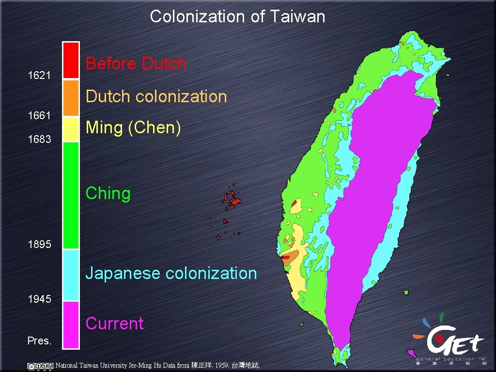 Colonization of Taiwan 1621 Before Dutch colonization 1661 1683 Ming (Chen) Ching 1895 Japanese