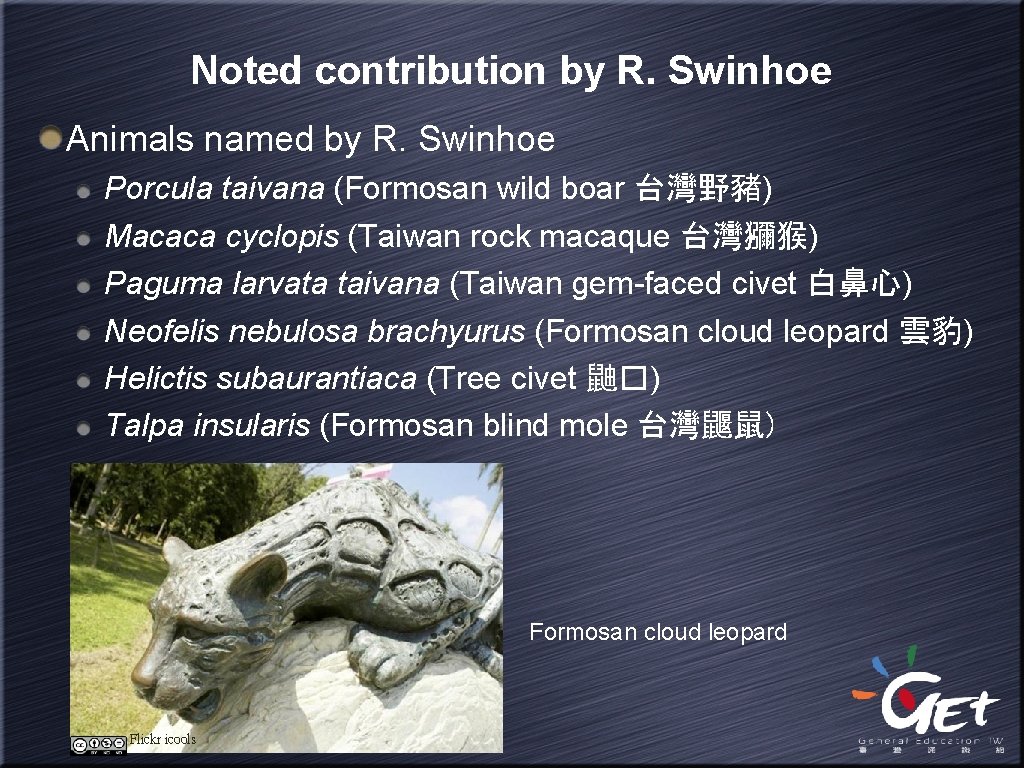 Noted contribution by R. Swinhoe Animals named by R. Swinhoe Porcula taivana (Formosan wild