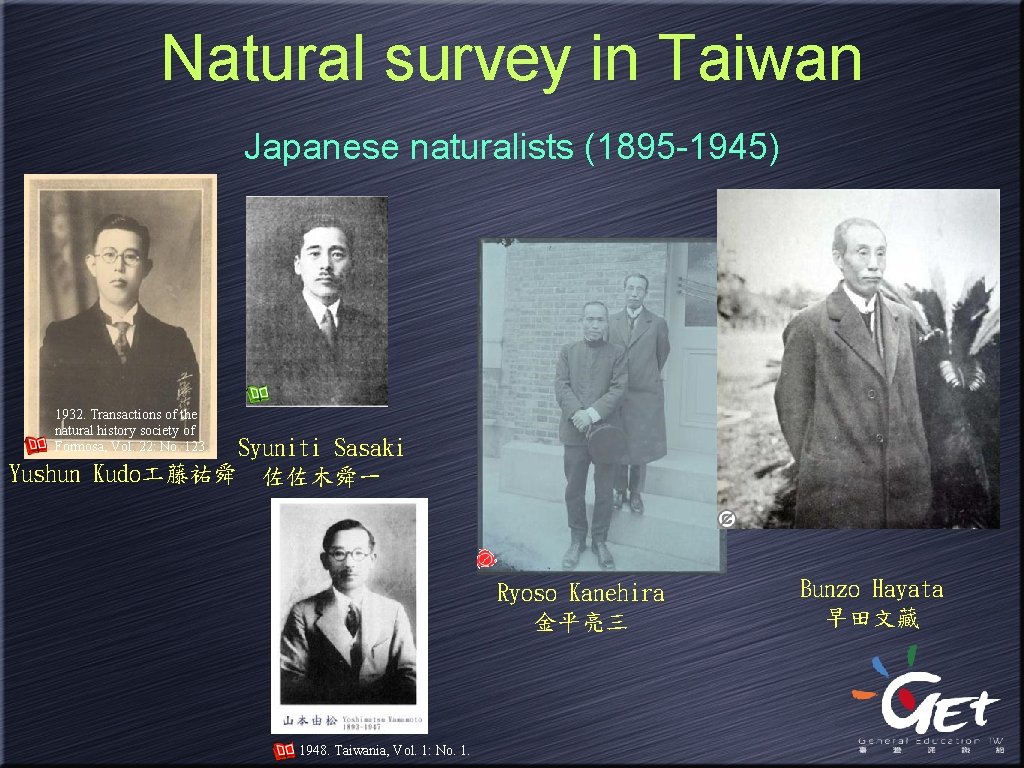 Natural survey in Taiwan Japanese naturalists (1895 -1945) 1932. Transactions of the natural history