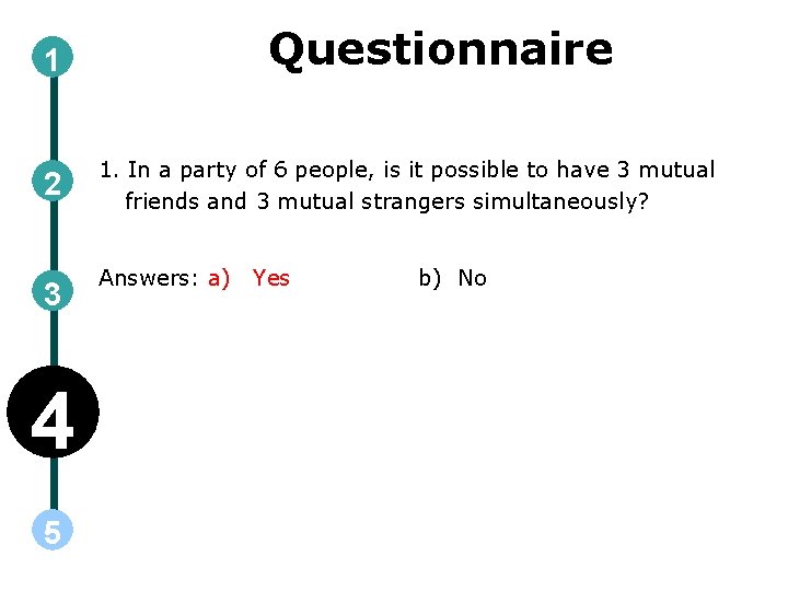 Questionnaire 1 2 3 4 5 1. In a party of 6 people, is