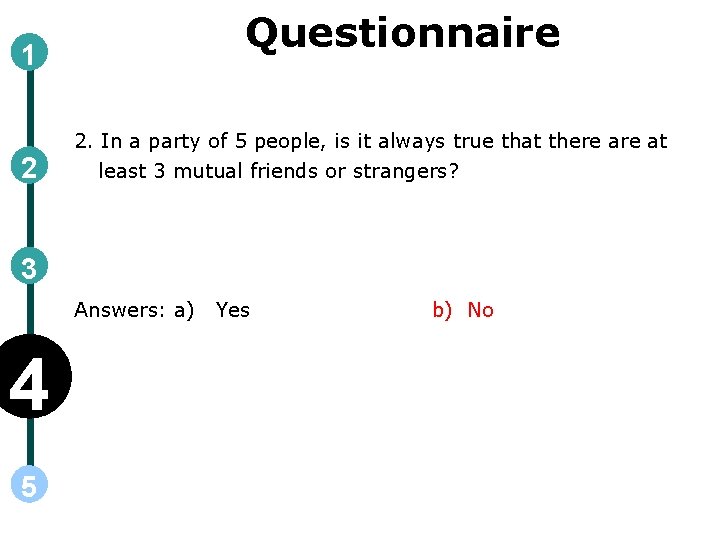 Questionnaire 1 2 2. In a party of 5 people, is it always true
