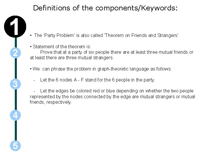Definitions of the components/Keywords: 1 2 • The ‘Party Problem’ is also called ‘Theorem