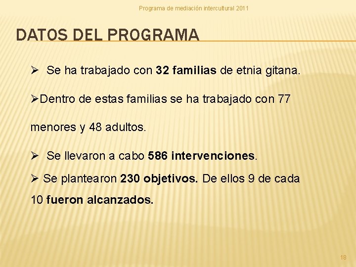 Programa de mediación intercultural 2011 DATOS DEL PROGRAMA Ø Se ha trabajado con 32