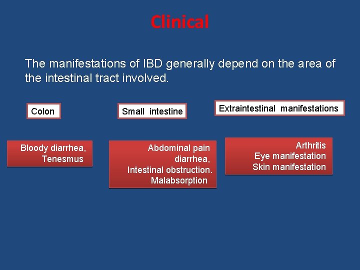 Clinical The manifestations of IBD generally depend on the area of the intestinal tract