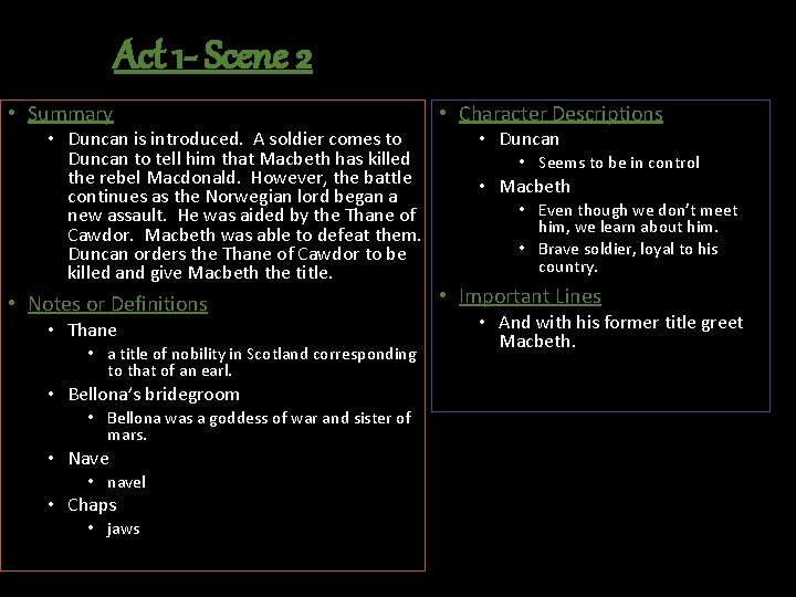 Act 1 - Scene 2 • Summary • Duncan is introduced. A soldier comes