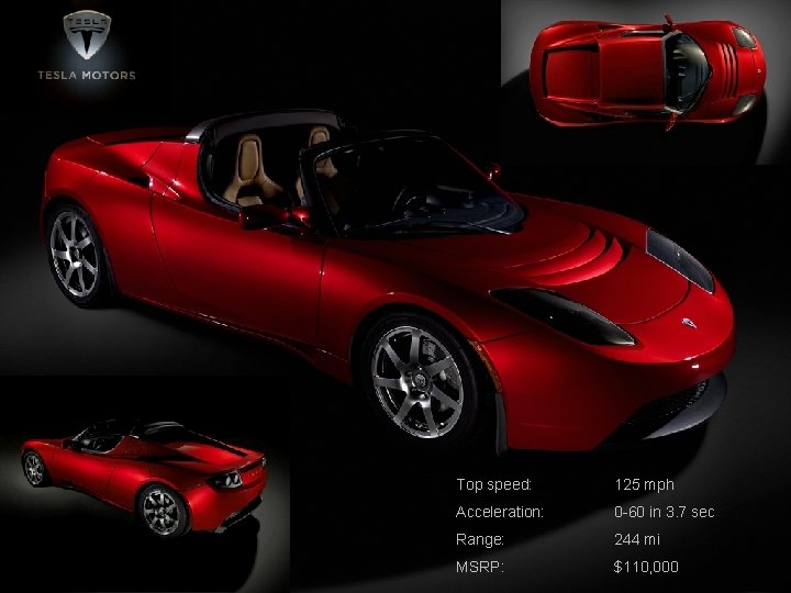 Tesla Roadster EVs 101 Top speed: 125 mph Acceleration: 0 -60 in 3. 7