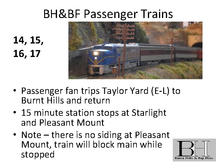 BH&BF Passenger Trains 14, 15, 16, 17 • Passenger fan trips Taylor Yard (E-L)