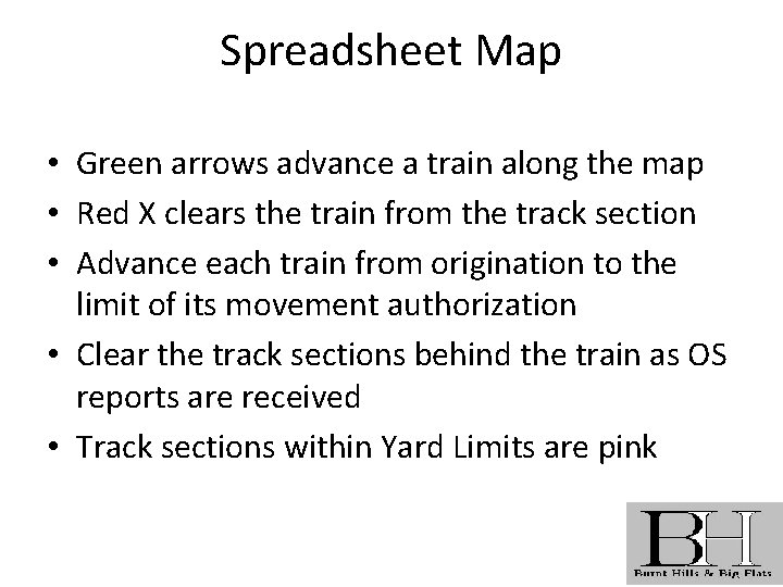 Spreadsheet Map • Green arrows advance a train along the map • Red X
